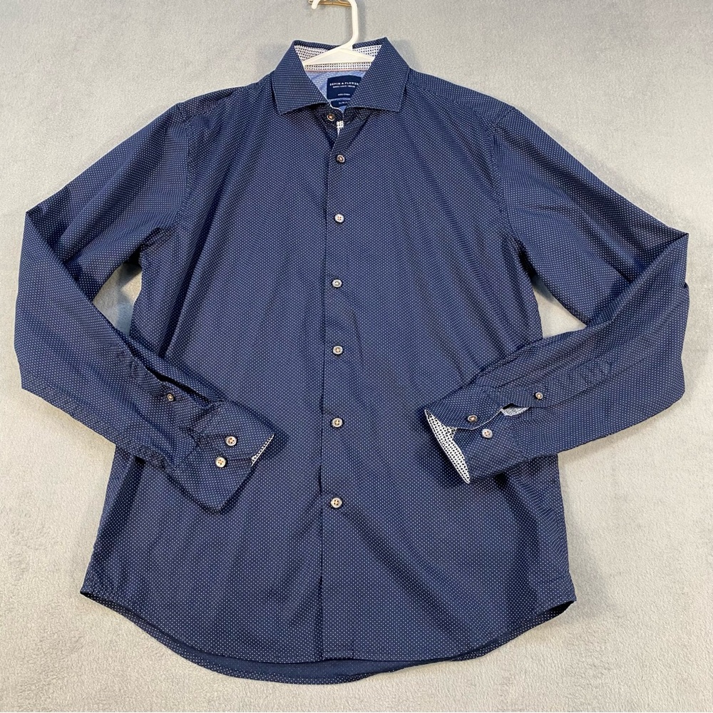Denim & Flower Men’s Dark Blue Polka Dots Button Up Dress Shirt, Slim Fit,size S